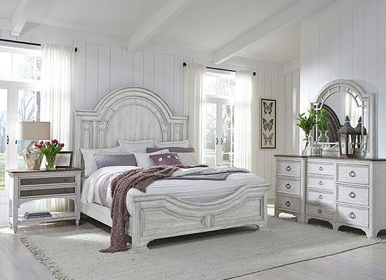 Glendale Estates Bedroom with distressed white finish by Pulaski furniture